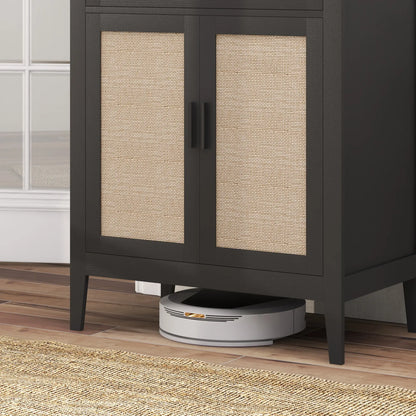 Boho Kitchen Sideboard, 2 Rattan Doors, Drawer, Black Storage Cabinets at Gallery Canada