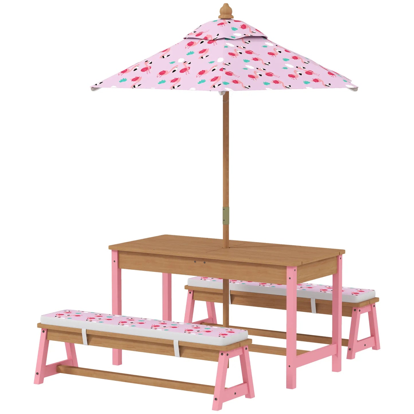 Kids Picnic Table With Bench, Removable Umbrella, Flamingo Theme, Pink Kids Outdoor Furniture Pink, Natural at Gallery Canada