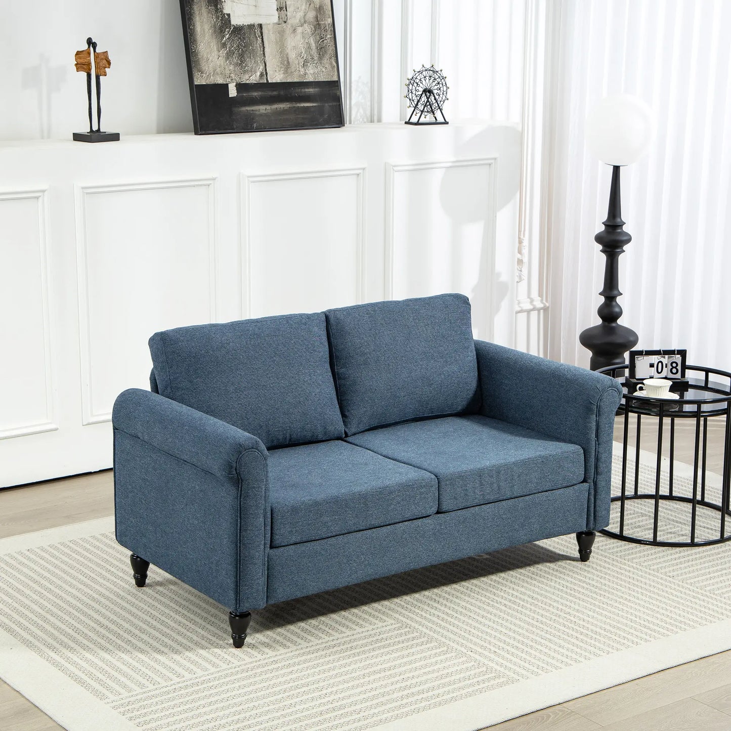 Vintage Loveseat, Fabric 2 Seater Sofa, Rolled Arms, Rubber Wood Legs, Dark Blue 2-Seater Sofas at Gallery Canada