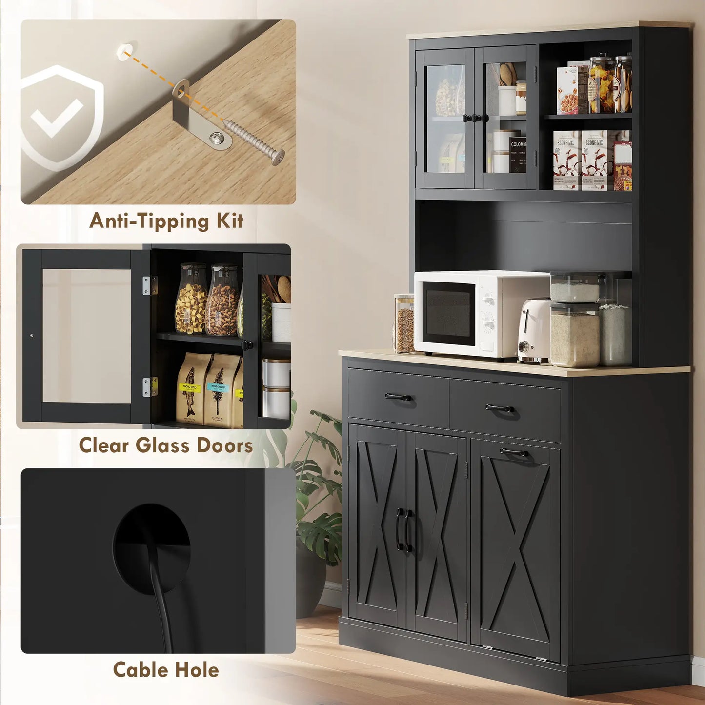 69 Inch Pantry Cabinet with Charging Station, Microwave Stand, Tilt-Out Trash Can, Black Kitchen Pantry Cabinets at Gallery Canada