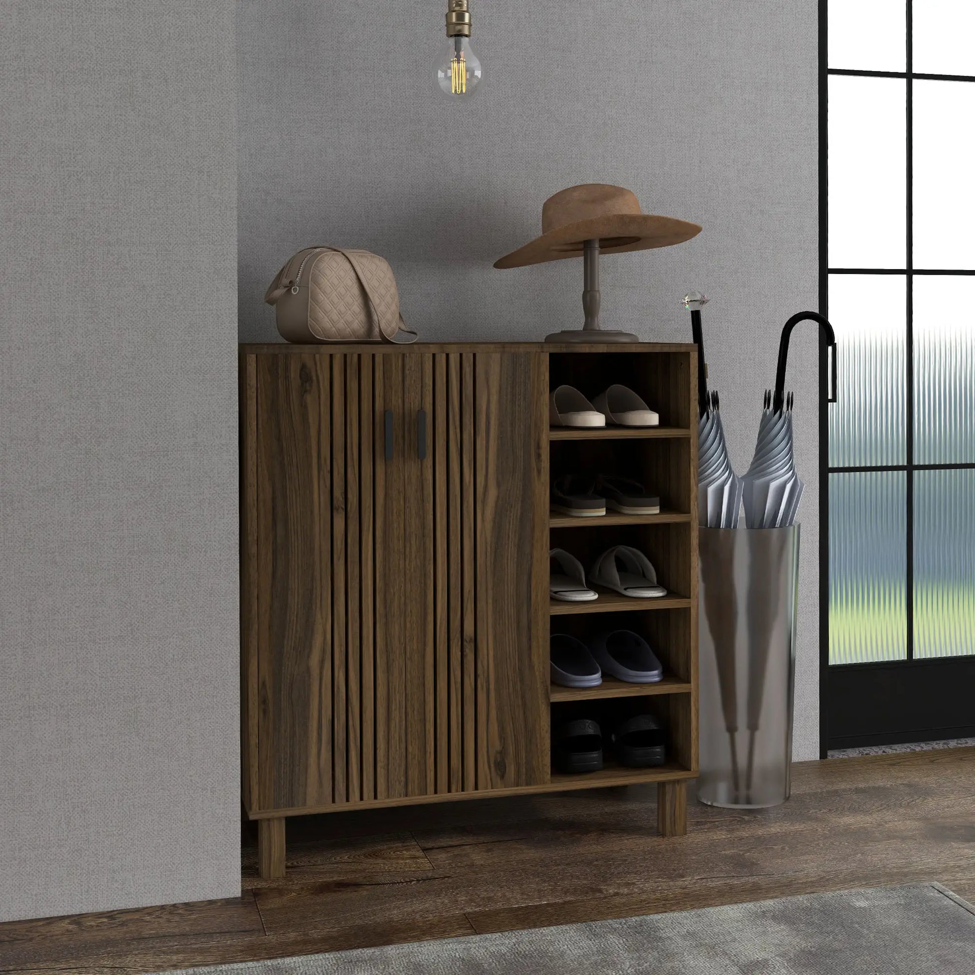 Double Door Shoe Storage, Open Shelves, 17 Pair, Walnut Shoe Storage Cabinets & Racks at Gallery Canada