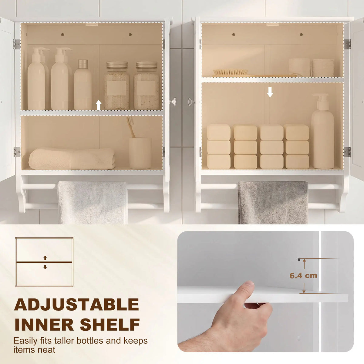 Bathroom Wall Cabinet with Adjustable Shelf, 2 Doors, Towel Racks, White