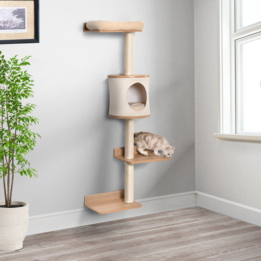 Cat Tree Pet Wall-mounted Climbing Frame Shelf Kitten Perch Activity Center Condo Bed Scratching Post Light Brown - Gallery Canada