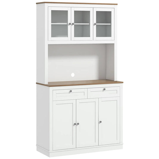 71" Pantry Cabinet with Microwave Space, Buffet Hutch, 2 Drawers, Adjustable Shelves, White Kitchen Pantry Cabinets White, Oak at Gallery Canada