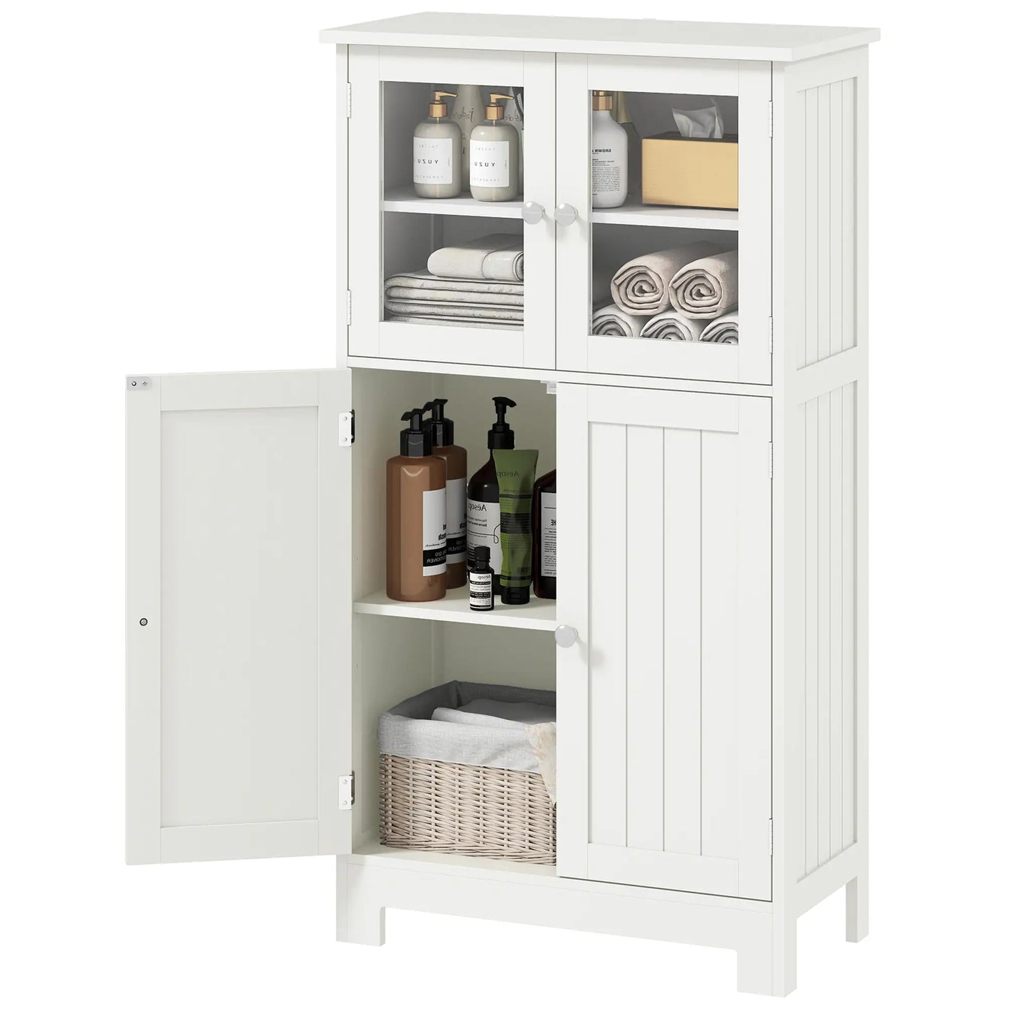 Bathroom Floor Storage Cabinet, Tempered Glass Doors, Adjustable Shelf, White Bathroom Cabinets at Gallery Canada