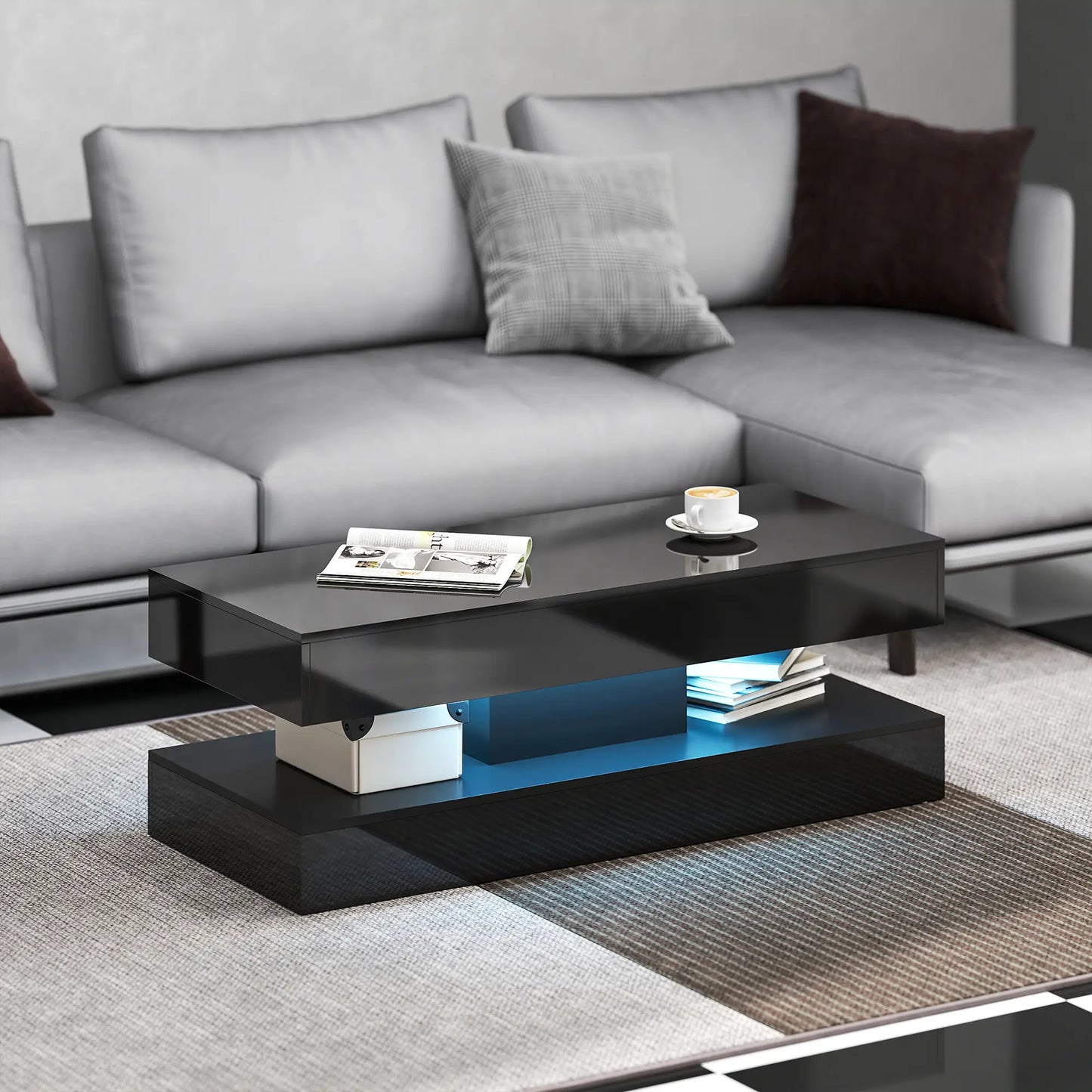 Adjustable LED Coffee Table, Modern Living Room Table, 2 Drawers, Open Shelf, Remote, High Gloss Black Coffee Tables at Gallery Canada