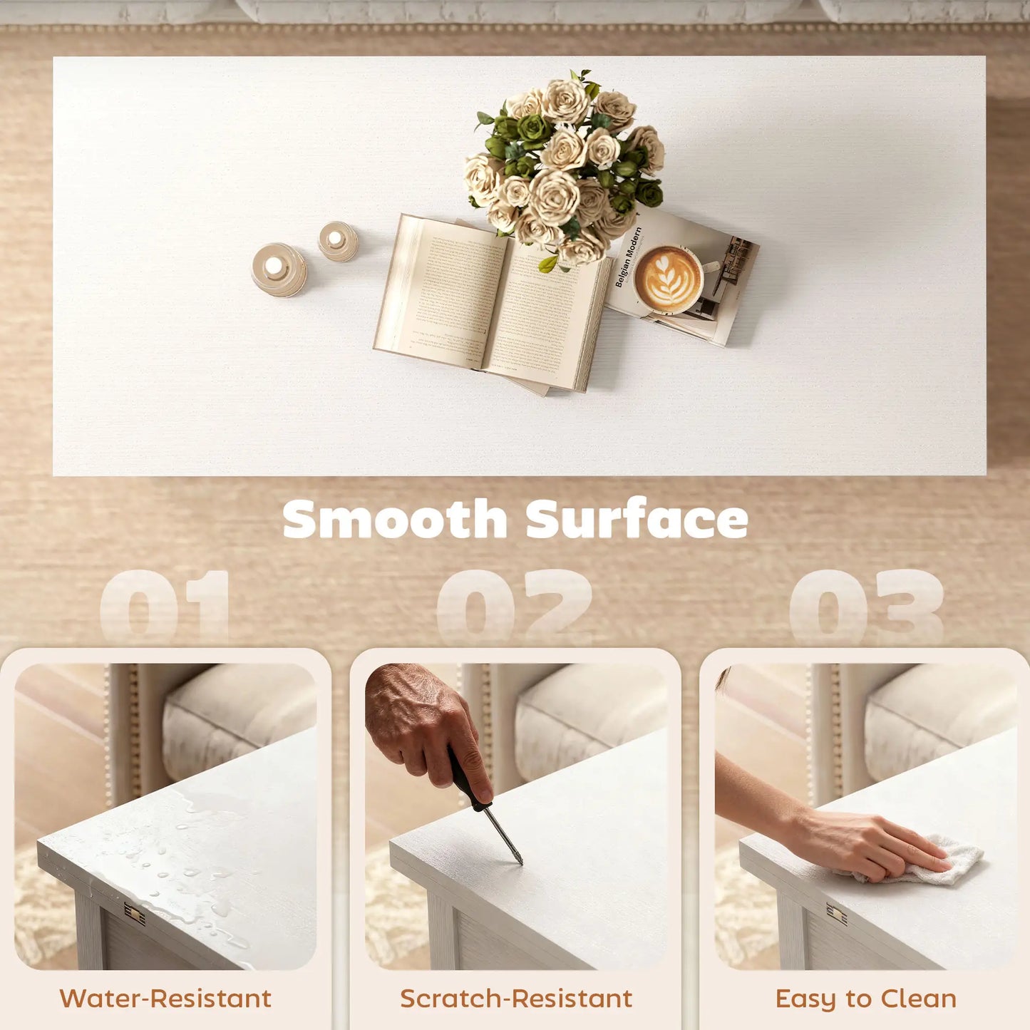 Table basse relevable avec rangement, blanche