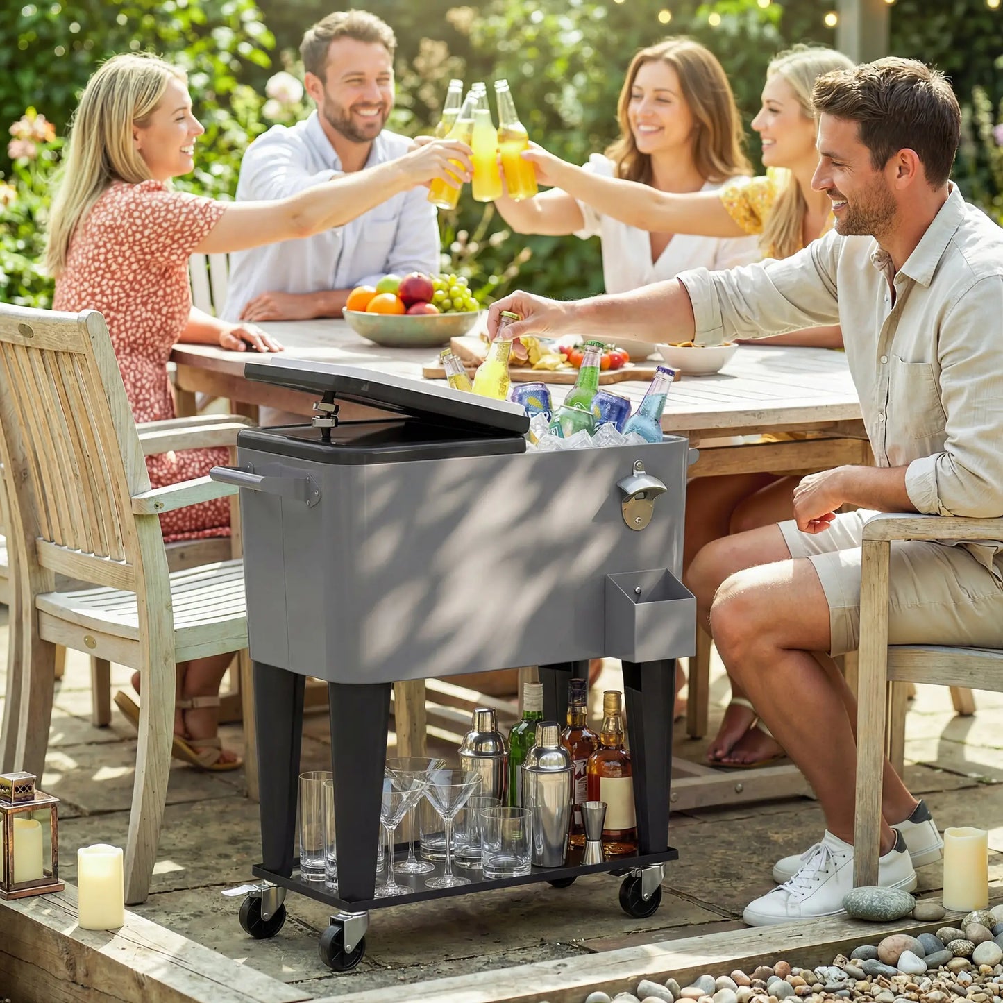 80 Quart Rolling Patio Cooler Cart With Storage Shelf, Locking Wheels, Bottle Opener Cooler Boxes at Gallery Canada