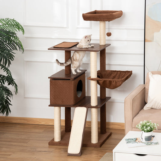58" Huge Cat Tree Kitty Activity Center Cat Climbing Toy Rest Pet Furniture with Sisal Scratching Post Pad Condo Bed Perch Ladder Hanging Ball Brown - Gallery Canada