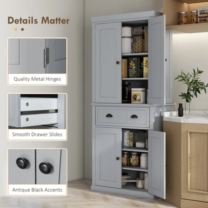 72" Kitchen Pantry, Freestanding Cabinet with Drawer, Doors, Grey Kitchen Pantry Cabinets at Gallery Canada