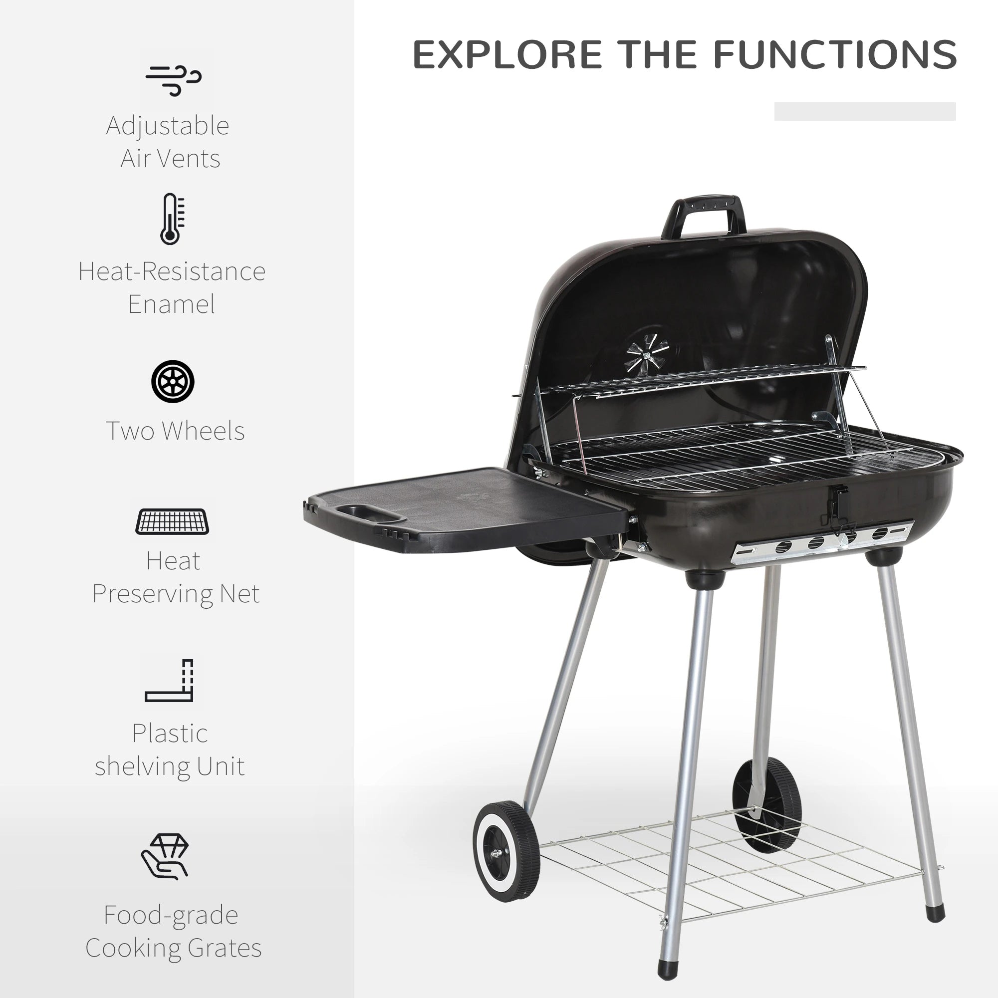 Charcoal BBQ Grill With Warming Rack, Portable Barbecue Smoker, 89 x 60 x 83 cm, Black Charcoal BBQ Grils at Gallery Canada