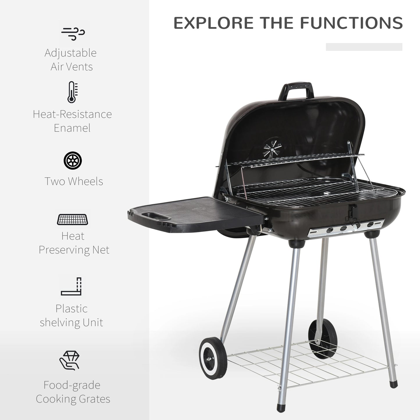 Charcoal BBQ Grill With Warming Rack, Portable Barbecue Smoker, 89 x 60 x 83 cm, Black Charcoal BBQ Grils at Gallery Canada