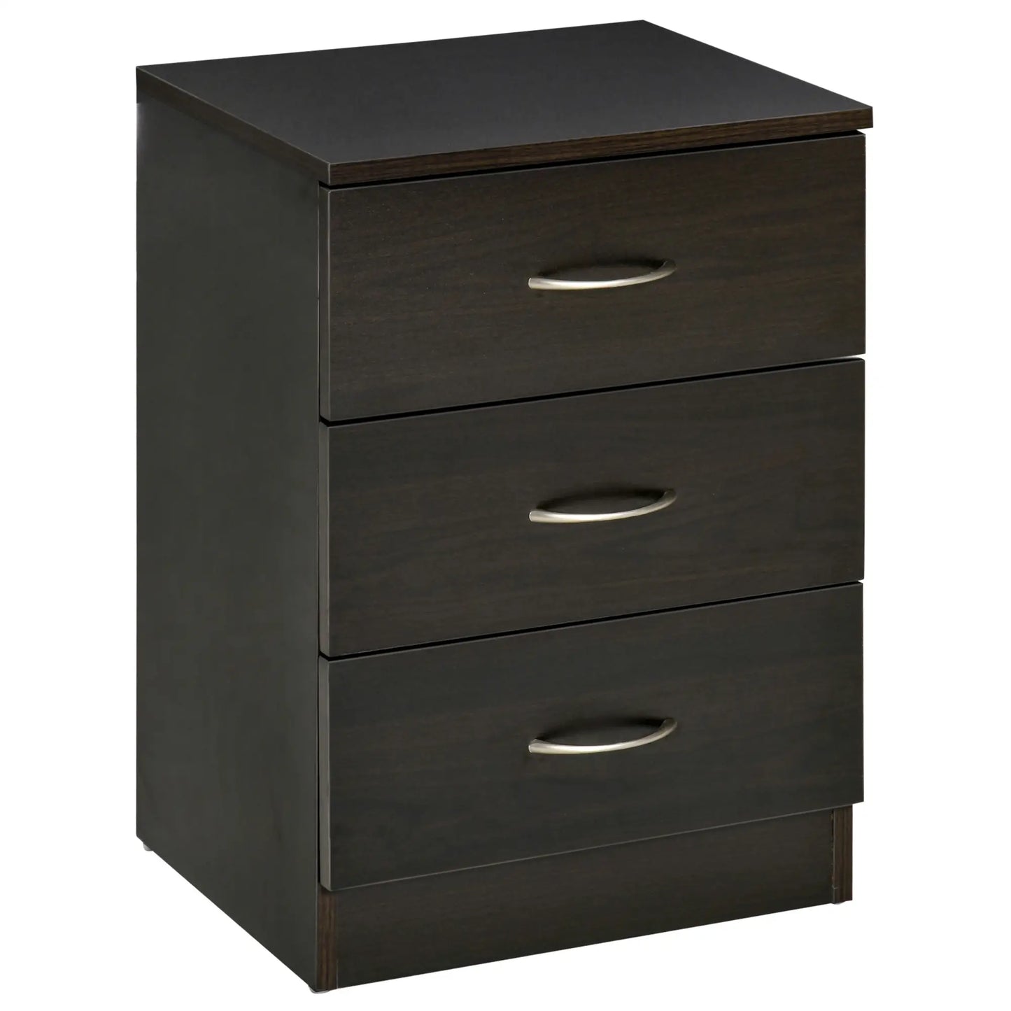 Modern Night Stand, 3 Drawers, Metal Rail, Dark Brown Bedside Tables Dark Brown at Gallery Canada