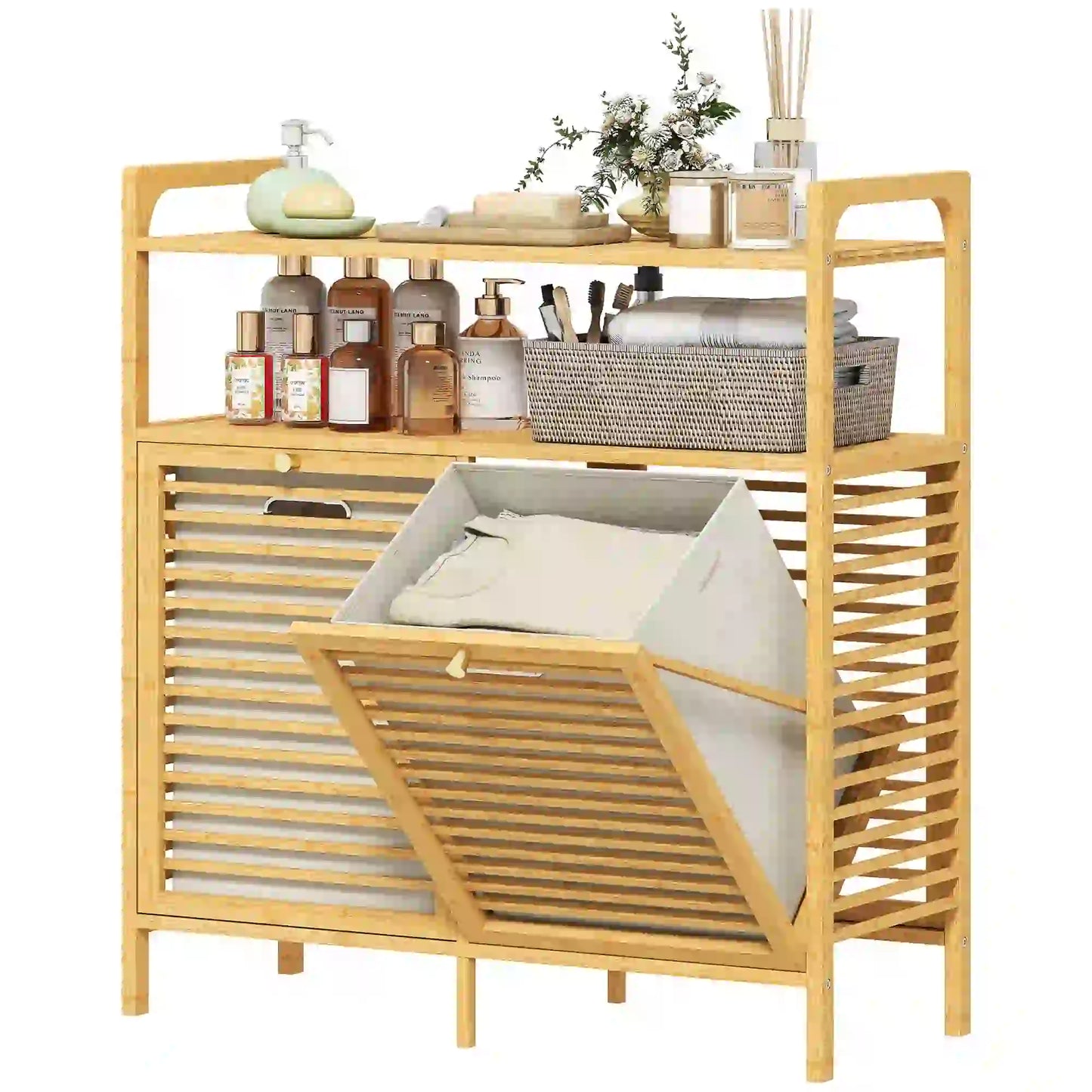 Tilt Out Laundry Hamper, Bamboo Cabinet with 2 Baskets, 2 Shelves, Natural Bathroom Cabinets Natural, Cream White at Gallery Canada