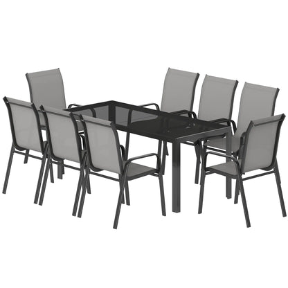 9 Piece Patio Set, Stackable Chairs, Glass Top, Light Grey Outdoor Dining Sets Light Grey, Black at Gallery Canada