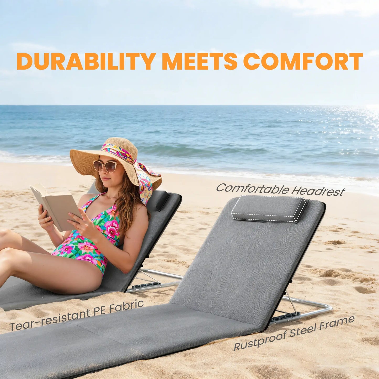 2 Pieces Beach Lounge Chair, Outdoor Folding Chaise, Grey Lounger Chairs at Gallery Canada