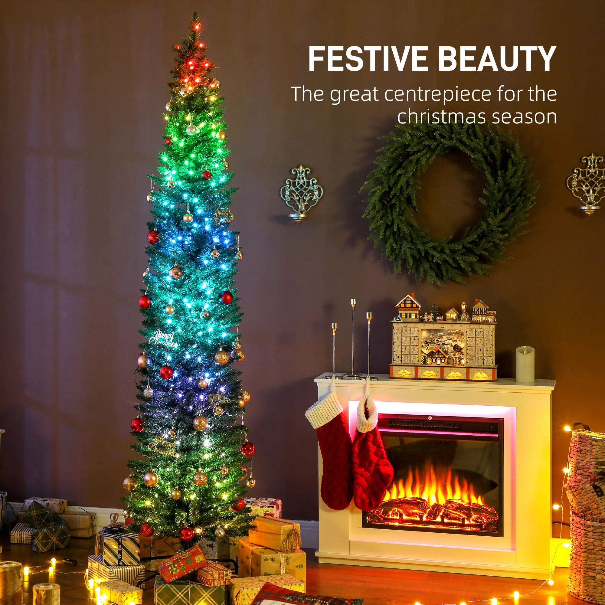 7.5ft Christmas Tree, Colorful DIY LEDs, Hinged Pencil, Remote, Timer, Green Pencil Christmas Trees at Gallery Canada