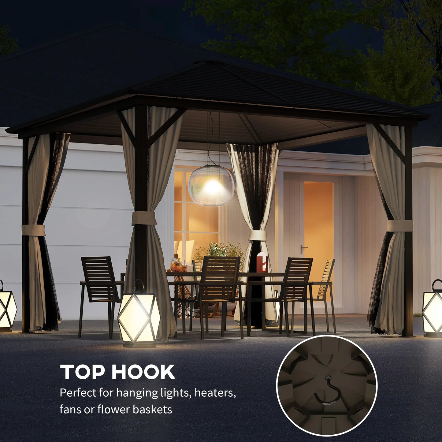 10' x 10' Hardtop Gazebo, Aluminum Canopy, Mosquito Netting, Curtains, Hanging Hook, Brown Gazebos at Gallery Canada