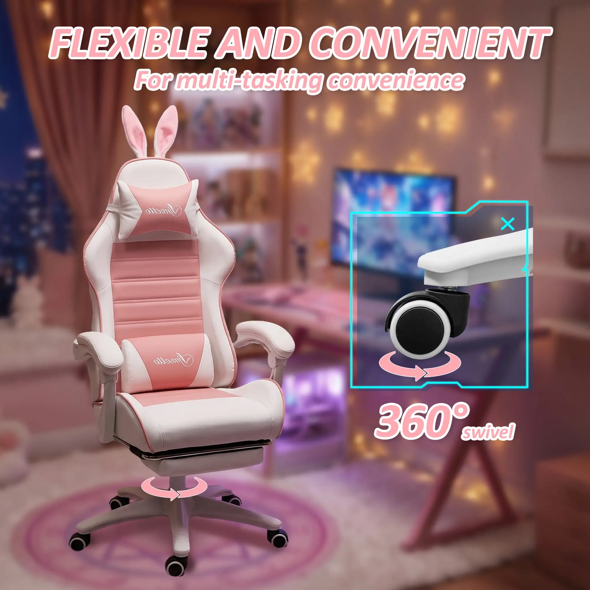 Racing Gamer Chair, PU Leather with Footrest, Headrest, Lumbar Support, Pink Video Game Chairs at Gallery Canada