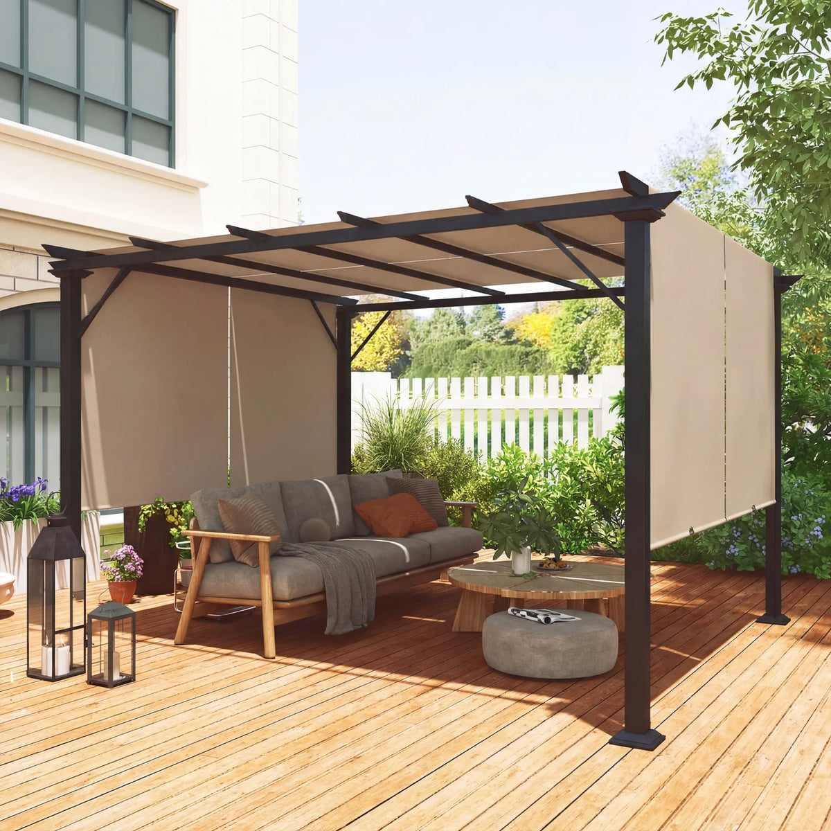 12' x 10' Outdoor Gazebo, Retractable Canopy, Steel Frame, Light Brown Pergolas at Gallery Canada
