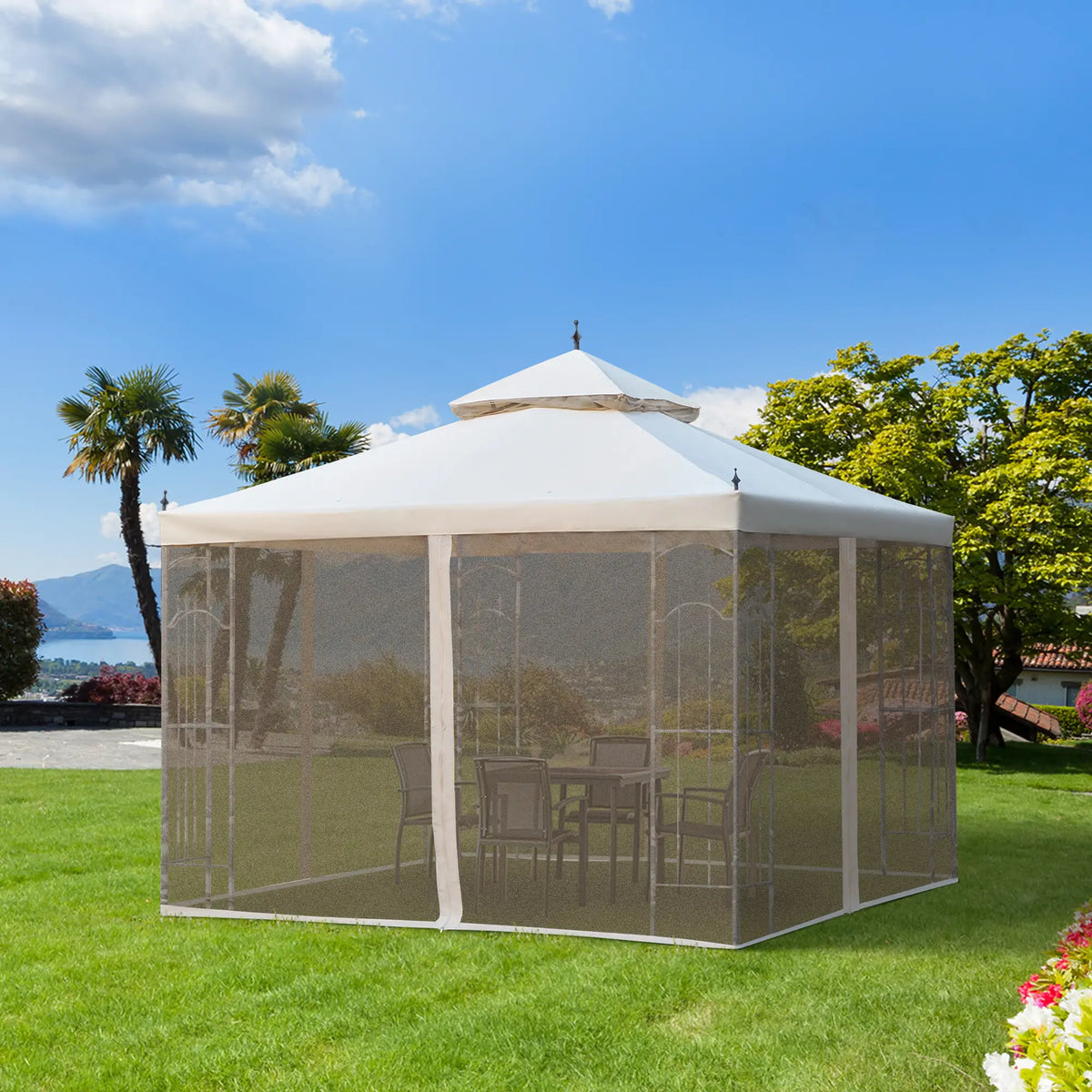10' x 10' Steel Outdoor Gazebo, Removable Mesh Curtains, Beige Gazebos at Gallery Canada