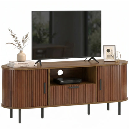 TV Stand for TVs up to 60", Modern Entertainment Center with Curved Sliding Doors and Storage, Brown
