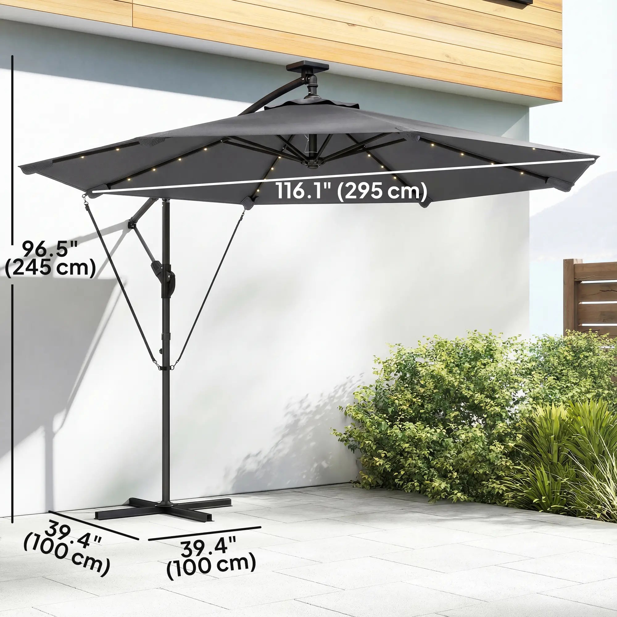 9.7ft Solar LED Cantilever Patio Umbrella, 32 LED Lights, Cross Base, Crank Handle, Dark Grey Offset Cantilever Umbrellas at Gallery Canada