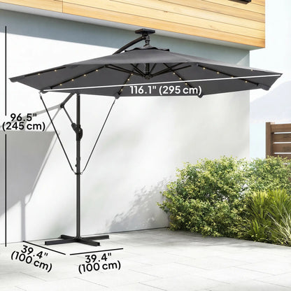 9.7ft Solar LED Cantilever Patio Umbrella, 32 LED Lights, Cross Base, Crank Handle, Dark Grey Offset Cantilever Umbrellas at Gallery Canada