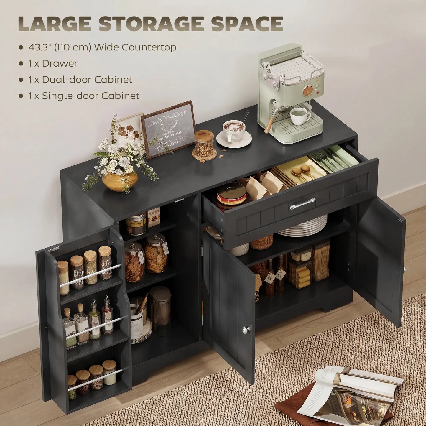 44" Modern Kitchen Cabinet with Drawer, Adjustable Shelves, Black Bar Cabinets at Gallery Canada