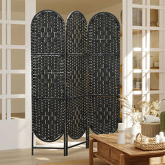Bohemian Privacy Screen, 3 Panel Folding Room Divider, Arched Top, Black