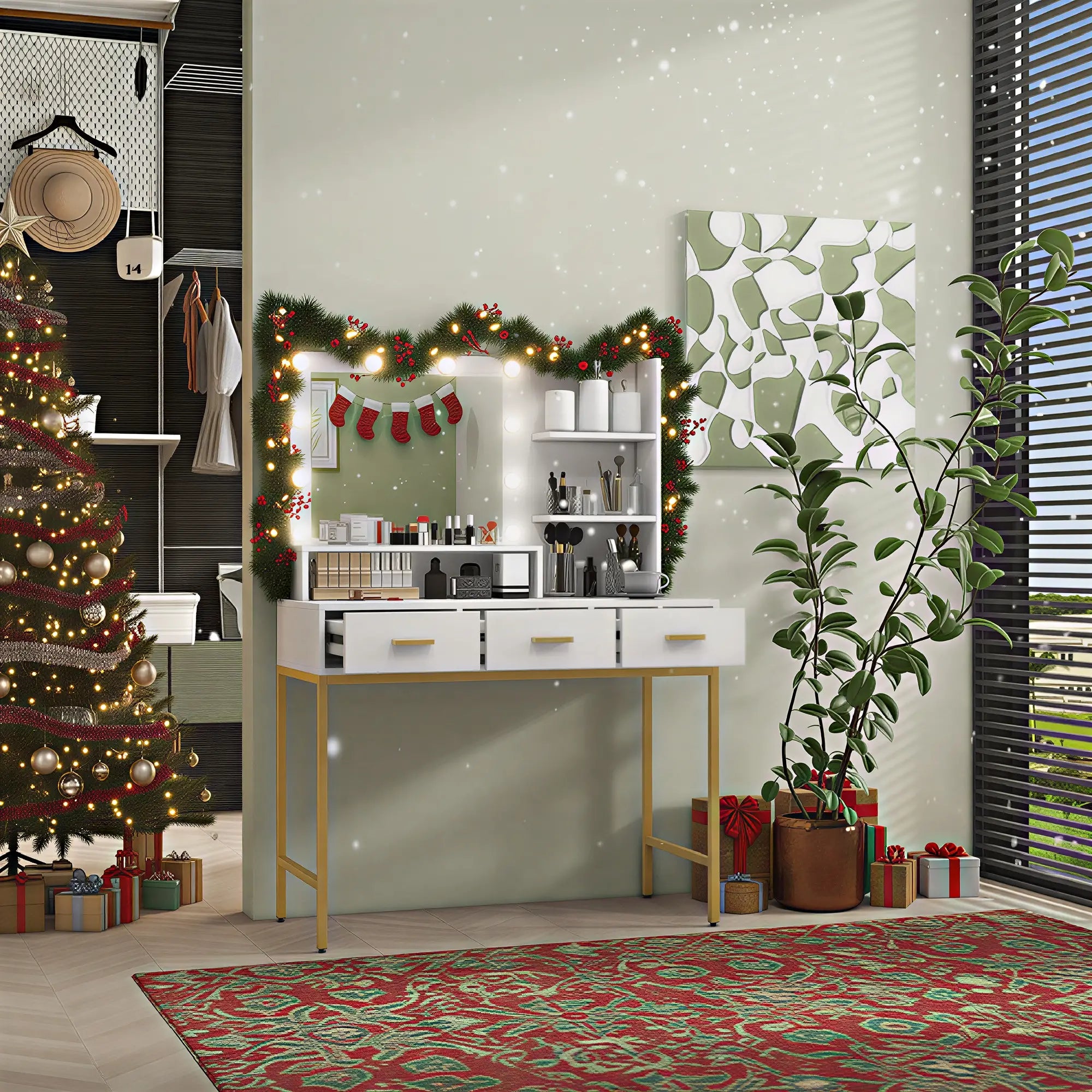 LED Vanity Table with Mirror, 3 Drawers, Storage Shelves, White Dressing & Vanity Tables at Gallery Canada