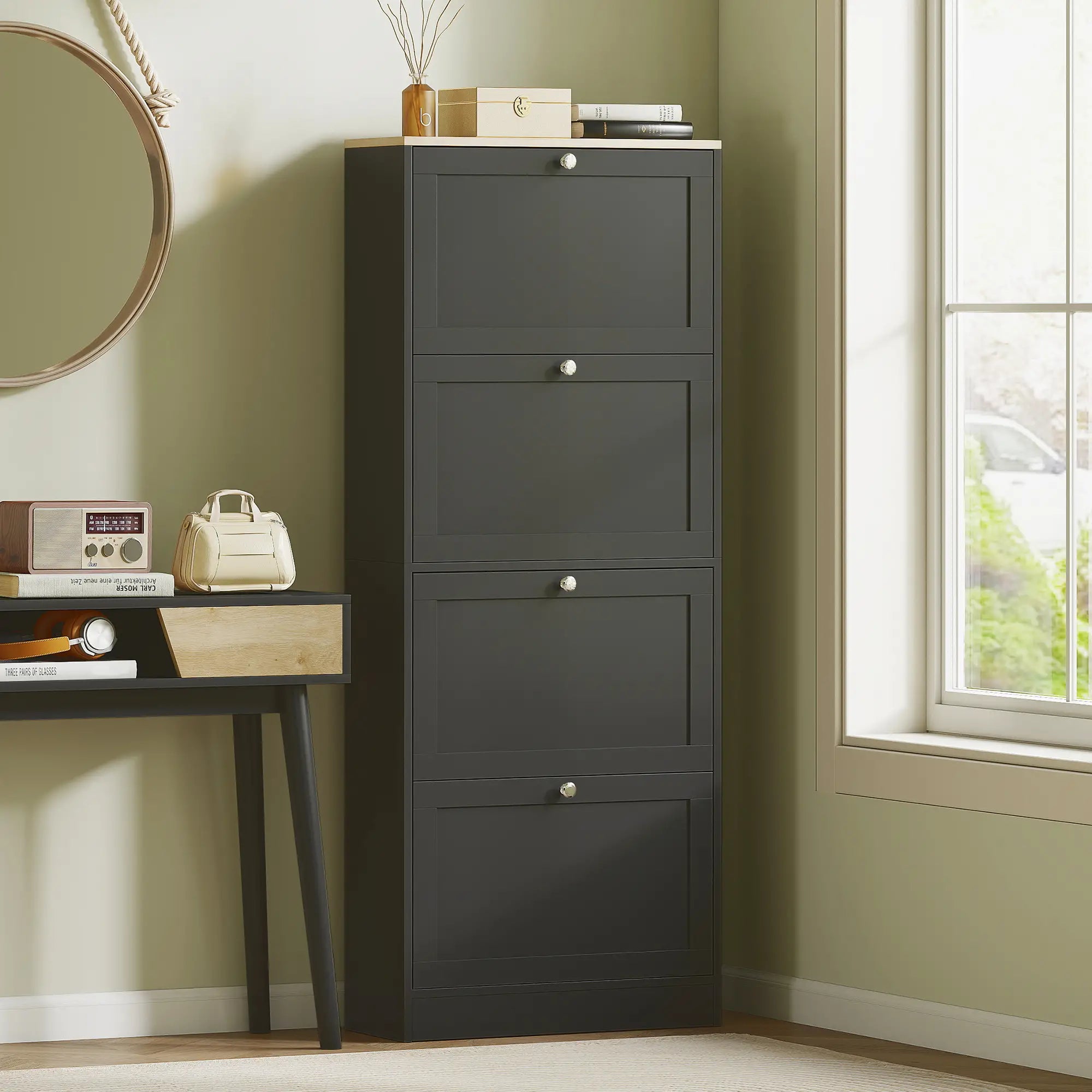 Shoe Storage Cabinet with 4 Flip Drawers, Adjustable Shelves, 18-24 Pairs, Black Shoe Storage Cabinets & Racks at Gallery Canada