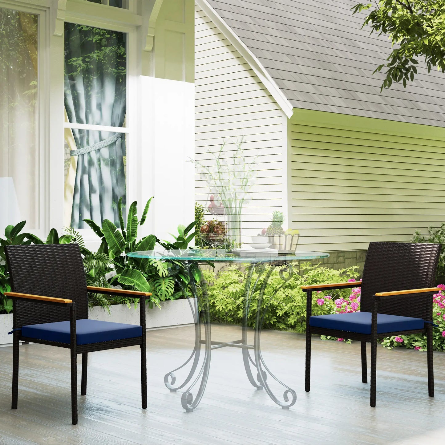 Stackable Wicker Patio Chairs, Set of 2, Removable Cushion, Armrest, Navy Blue Patio Chairs at Gallery Canada
