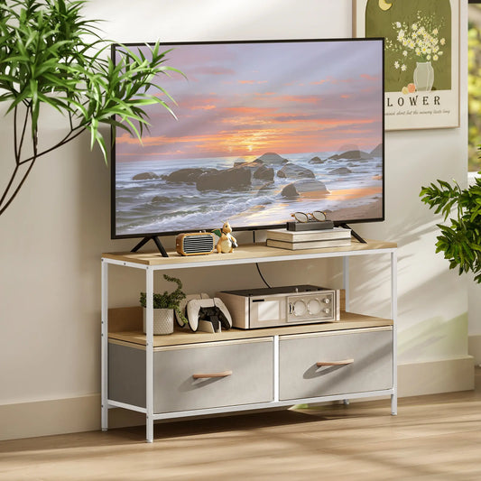 TV Stand With Charging Station, 2 Foldable Drawers, Open Shelf, 47 Inch, Oak TV Stands Oak, Light Grey at Gallery Canada