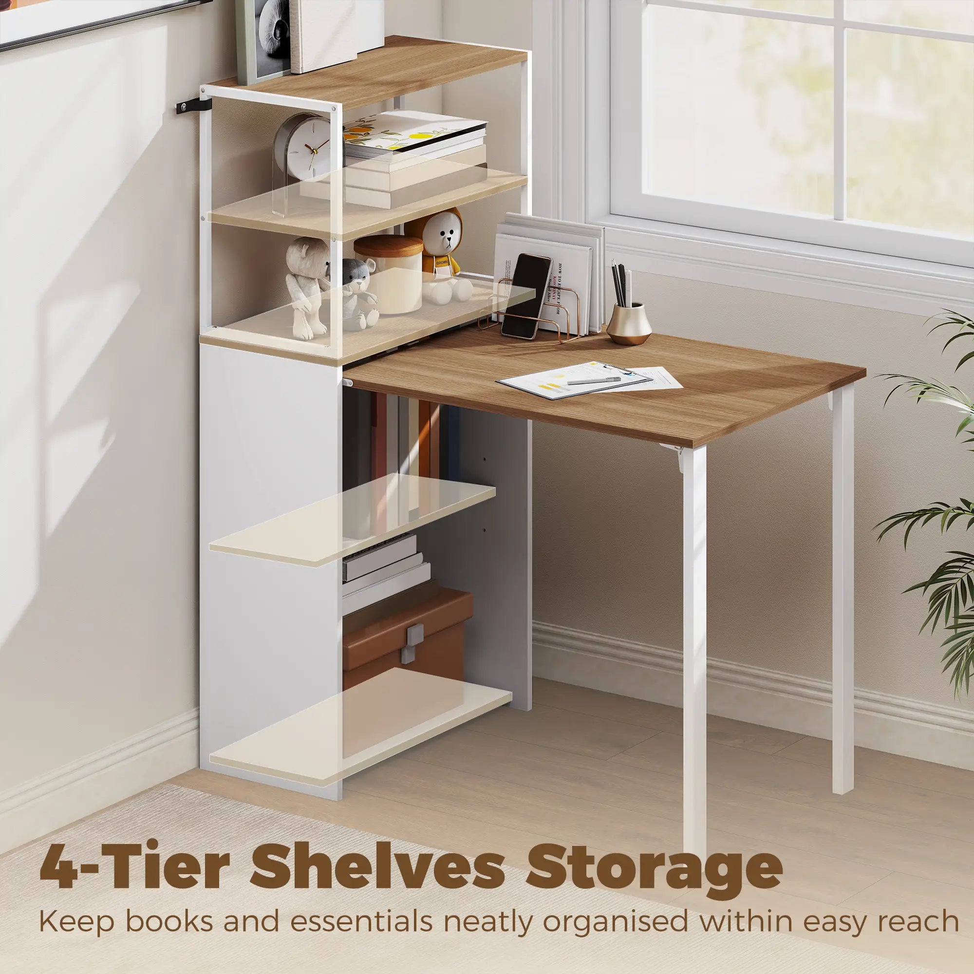 Folding Computer Desk With 4-Tier Bookshelf, Natural Computer Desks at Gallery Canada