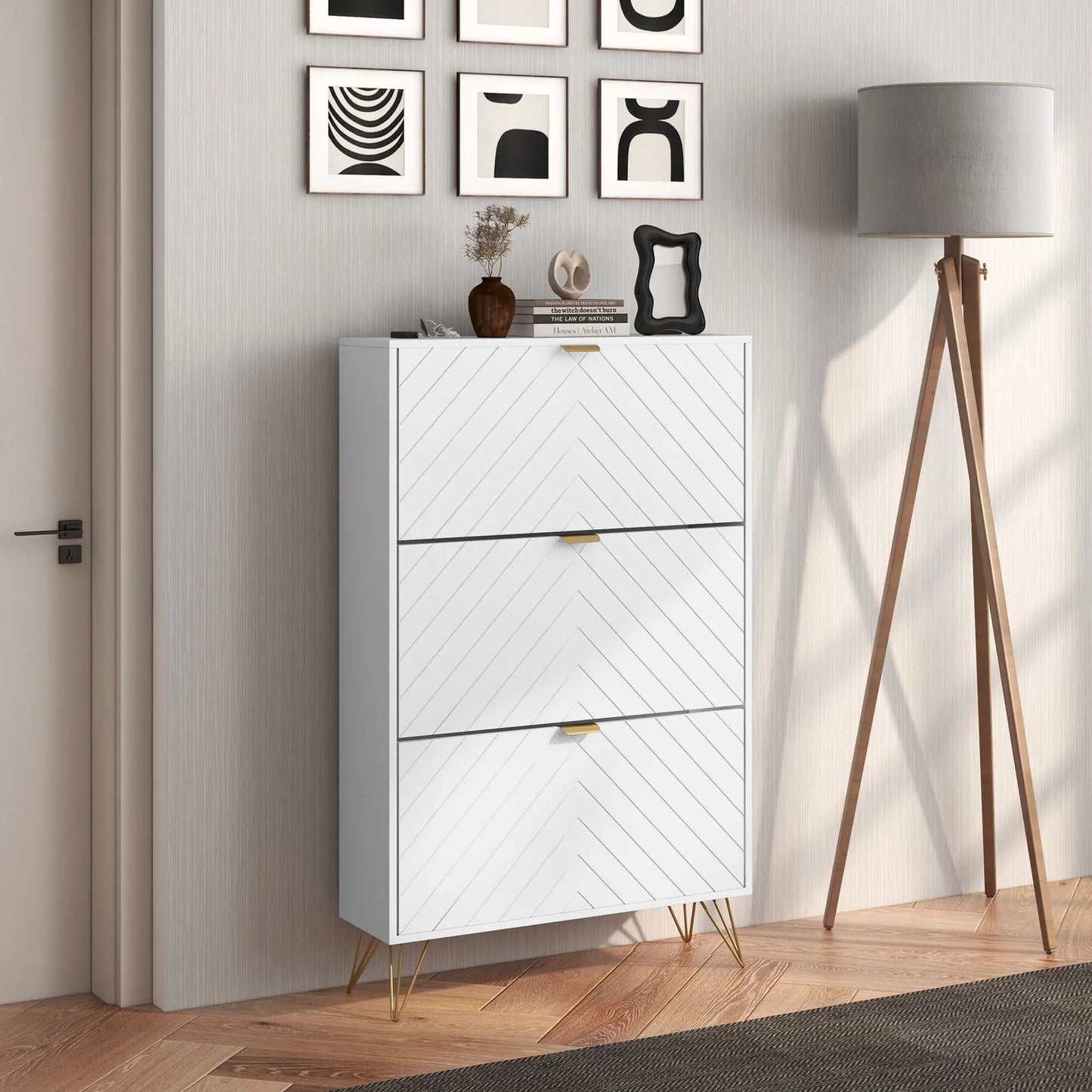 Modern Shoe Storage Cabinet, 3 Flip Drawers for 18 Pairs, Narrow, White Shoe Storage Cabinets & Racks at Gallery Canada