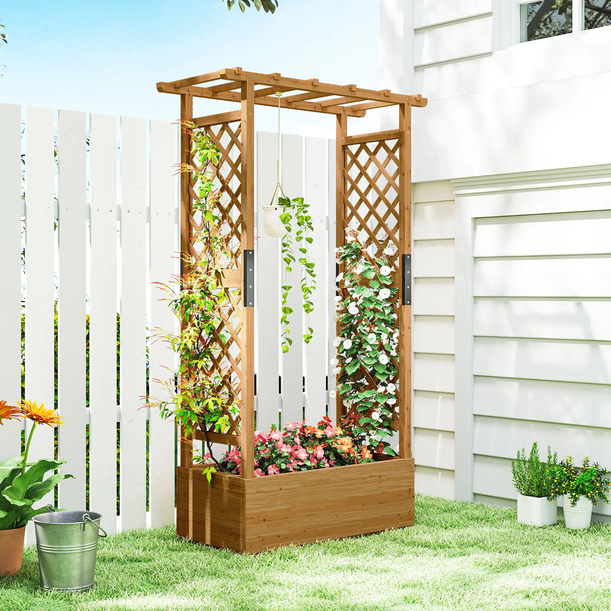 Lit de jardin surélevé en bois avec treillis et toit suspendu, orange