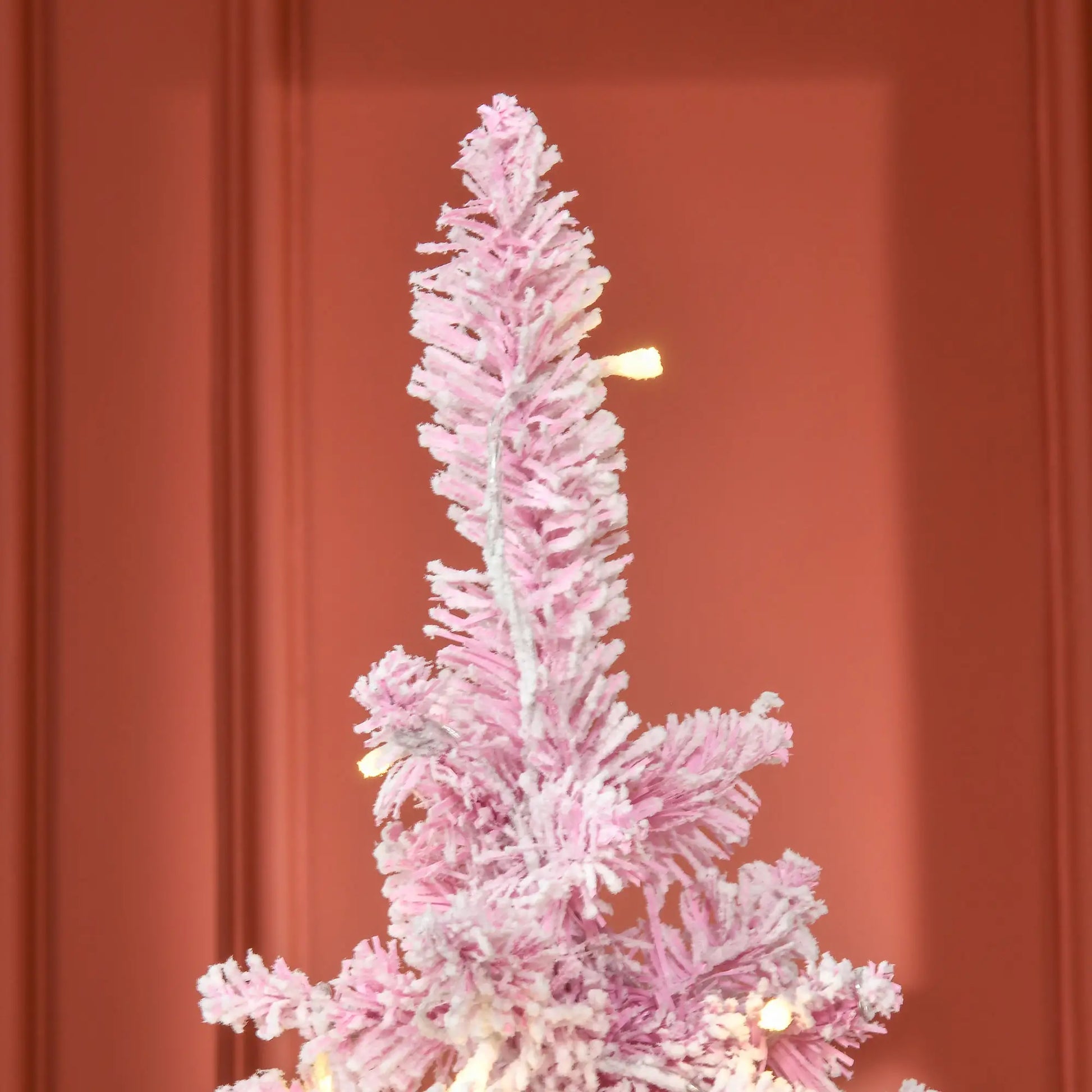 6ft Prelit Snow Flocked Artificial Christmas Tree, Pencil Shape, 500 Pine Branches, Warm White LED, Auto Open, Pink White Pre Lit Christmas Trees at Gallery Canada