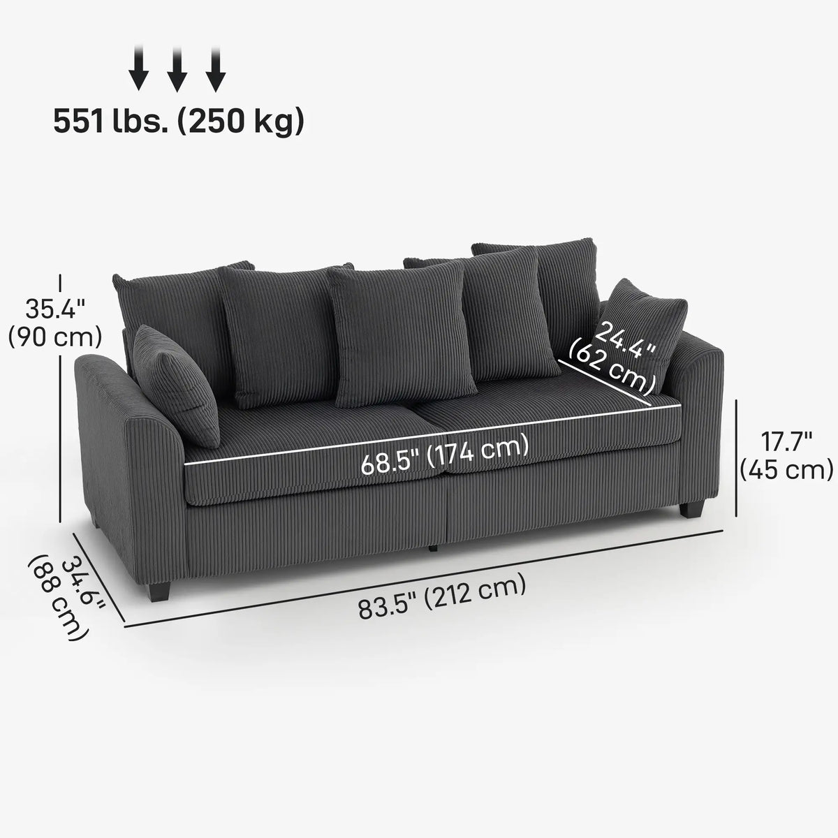 Corduroy Couch, 3 Seater Sofa, Modern Upholstered with Curved Armrests, 8 Removable Pillows, Dark Grey 3-Seater Sofas at Gallery Canada