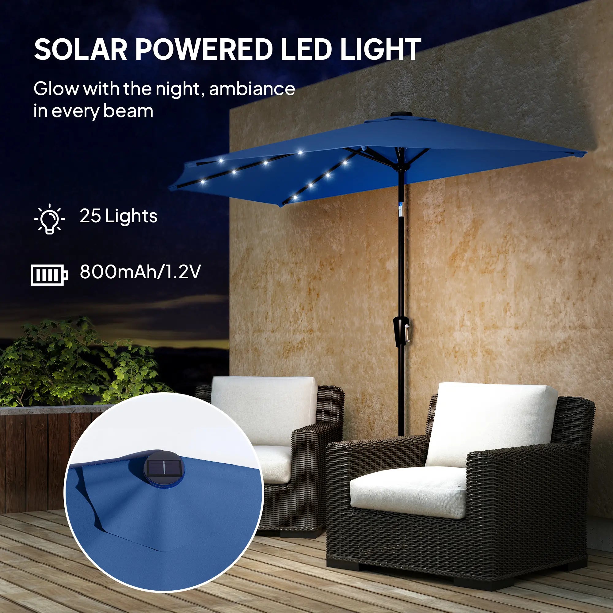 Half Patio Umbrella With Solar LED Lights, Crank, 105.1