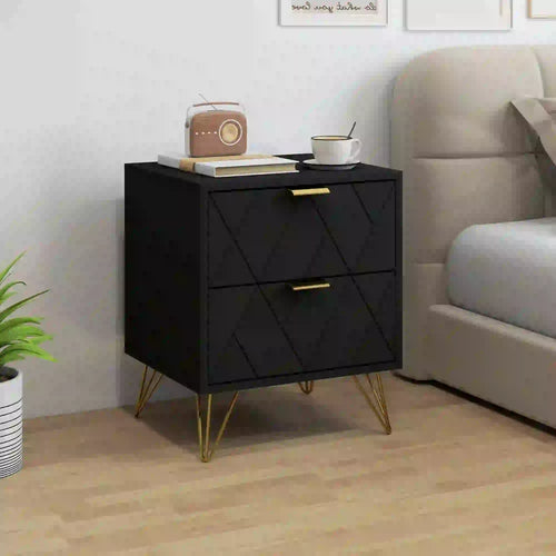 Modern Bedside Table, 2 Drawer Nightstand, Black