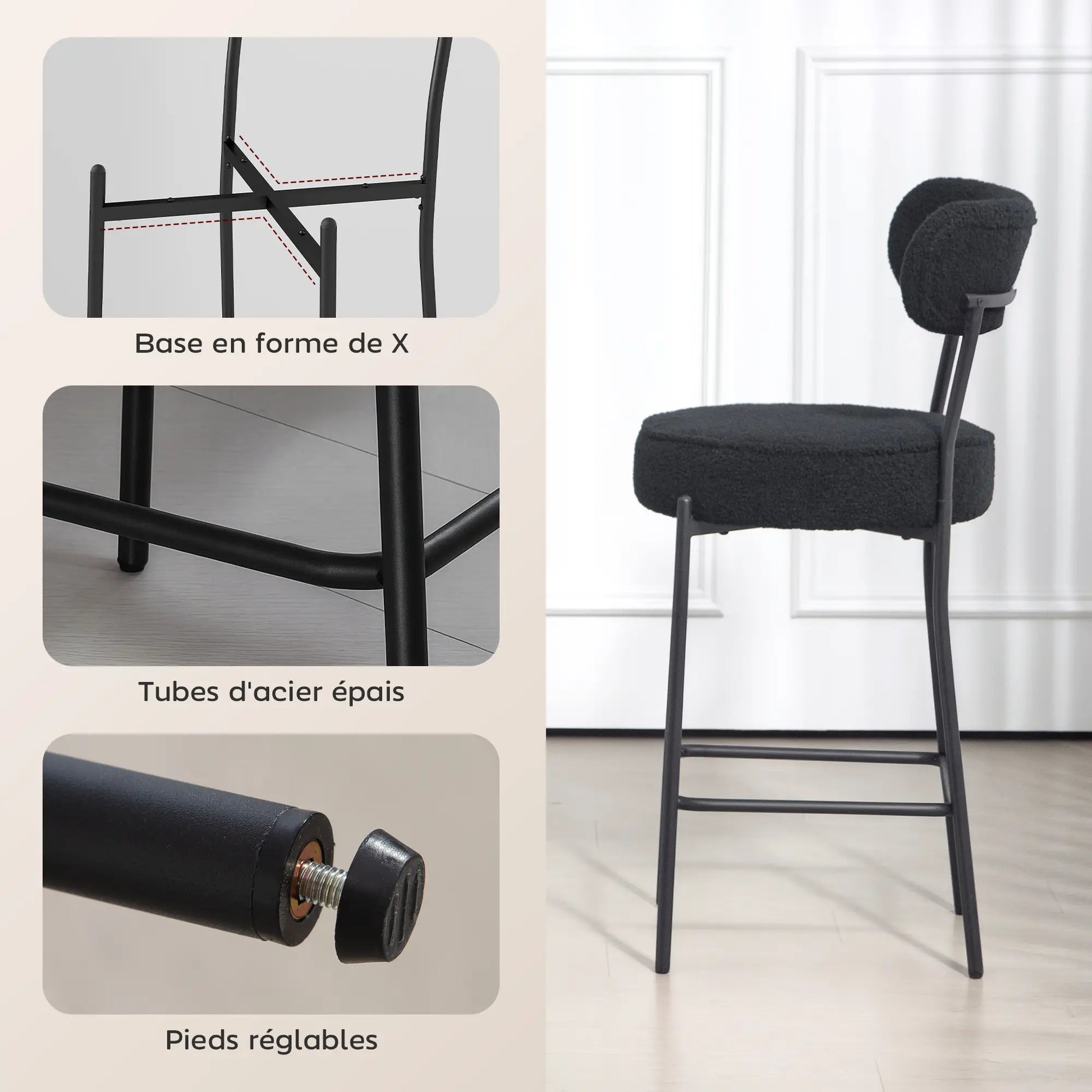 Set of 2 Upholstered Bar Stools with Backrest, Footrest, Black Bar Stools at Gallery Canada