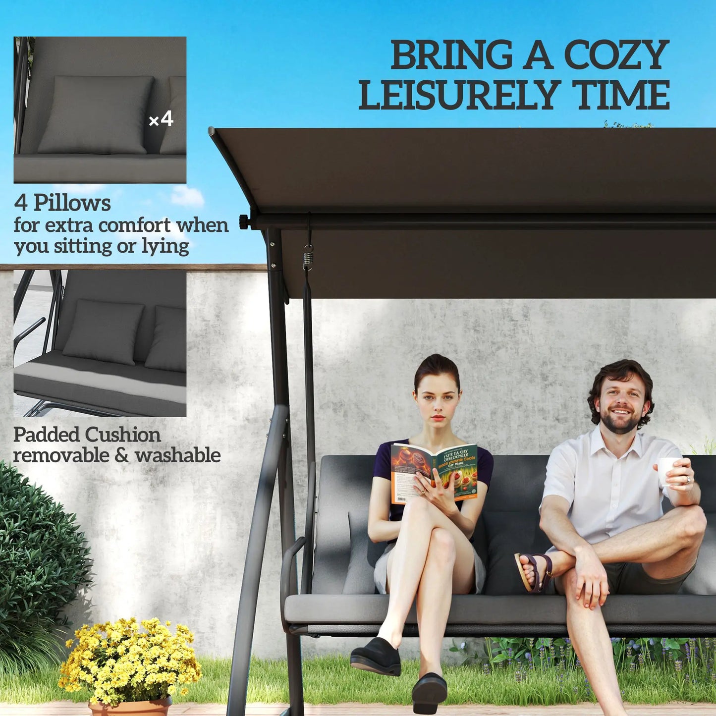 3 Person Patio Swing Chair, Convertible Hammock, Outdoor Lounge Bed, Dark Grey Porch Swings with Canopy at Gallery Canada