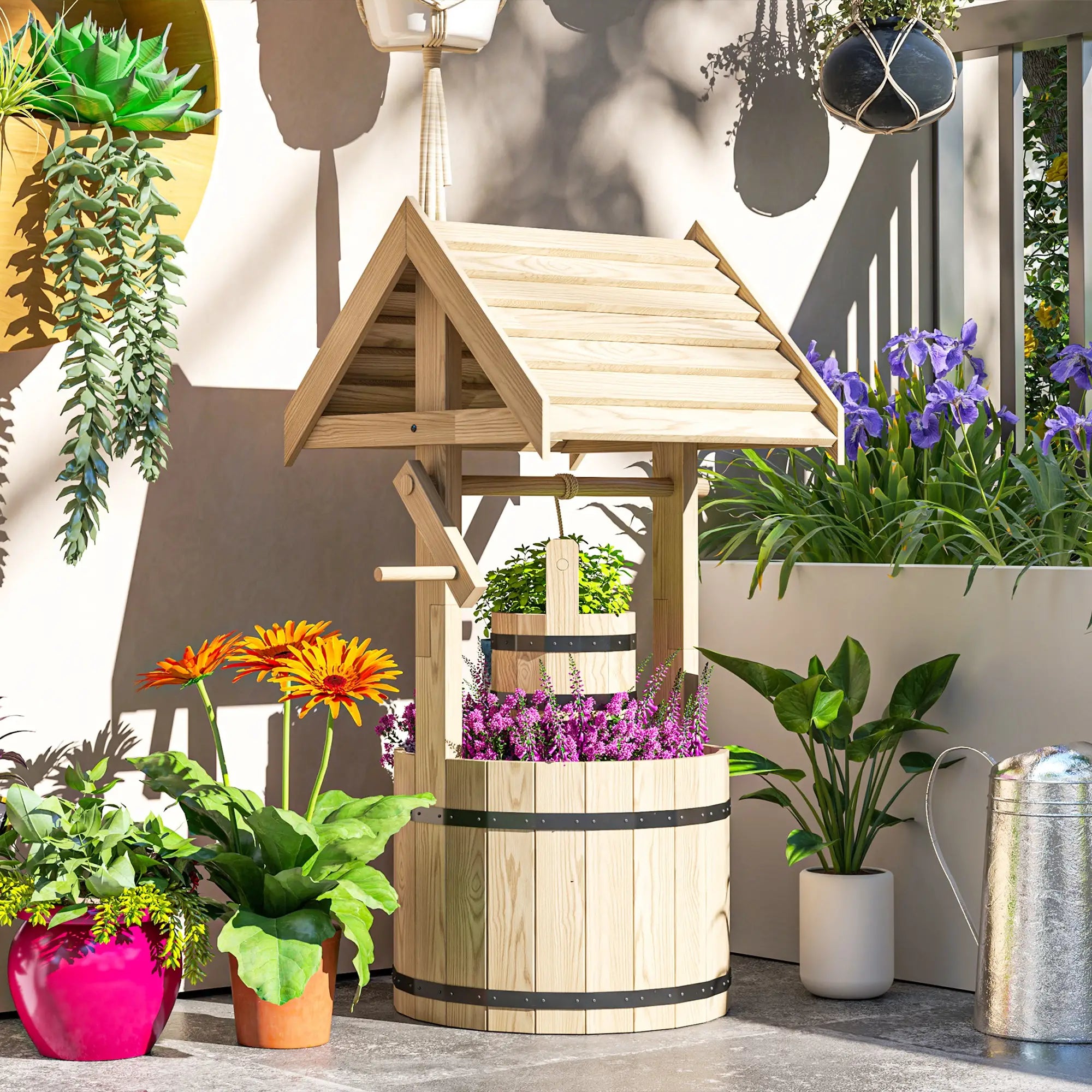 Wood Wishing Well Planter With Hanging Bucket, Natural Water Fountains at Gallery Canada