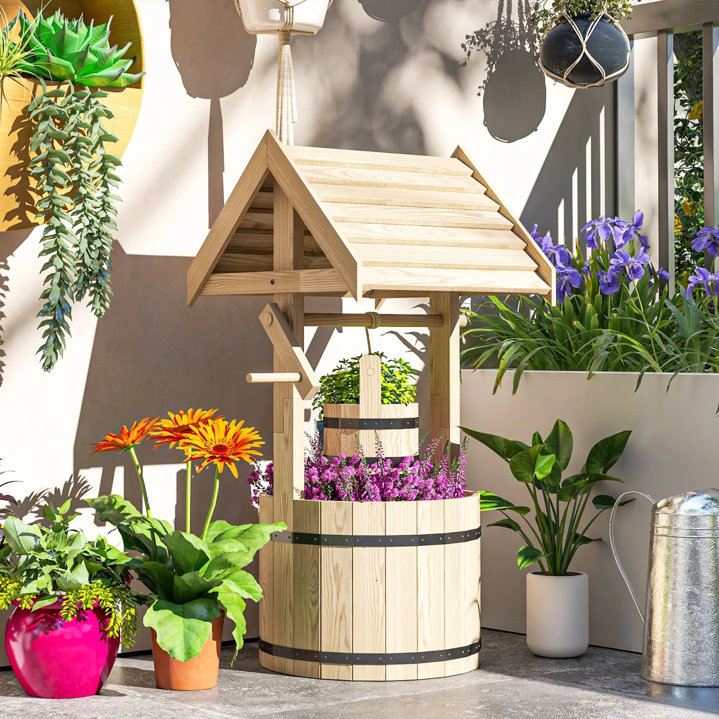 Wood Wishing Well Planter With Hanging Bucket, Natural Water Fountains at Gallery Canada