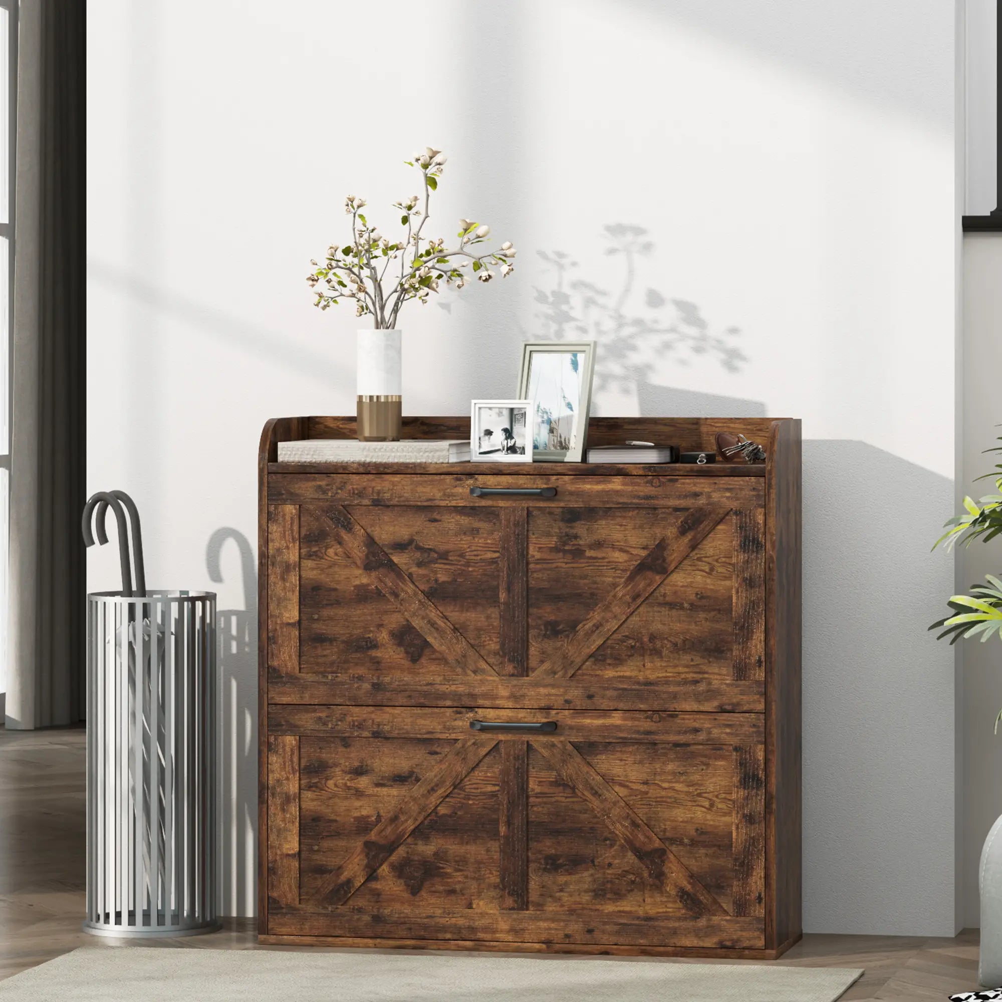 Narrow Shoe Storage Cabinet, 2 Flip Drawers, Adjustable Shelves, Rustic Brown Shoe Storage Cabinets & Racks at Gallery Canada