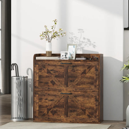 Narrow Shoe Storage Cabinet, 2 Flip Drawers, Adjustable Shelves, Rustic Brown Shoe Storage Cabinets & Racks at Gallery Canada