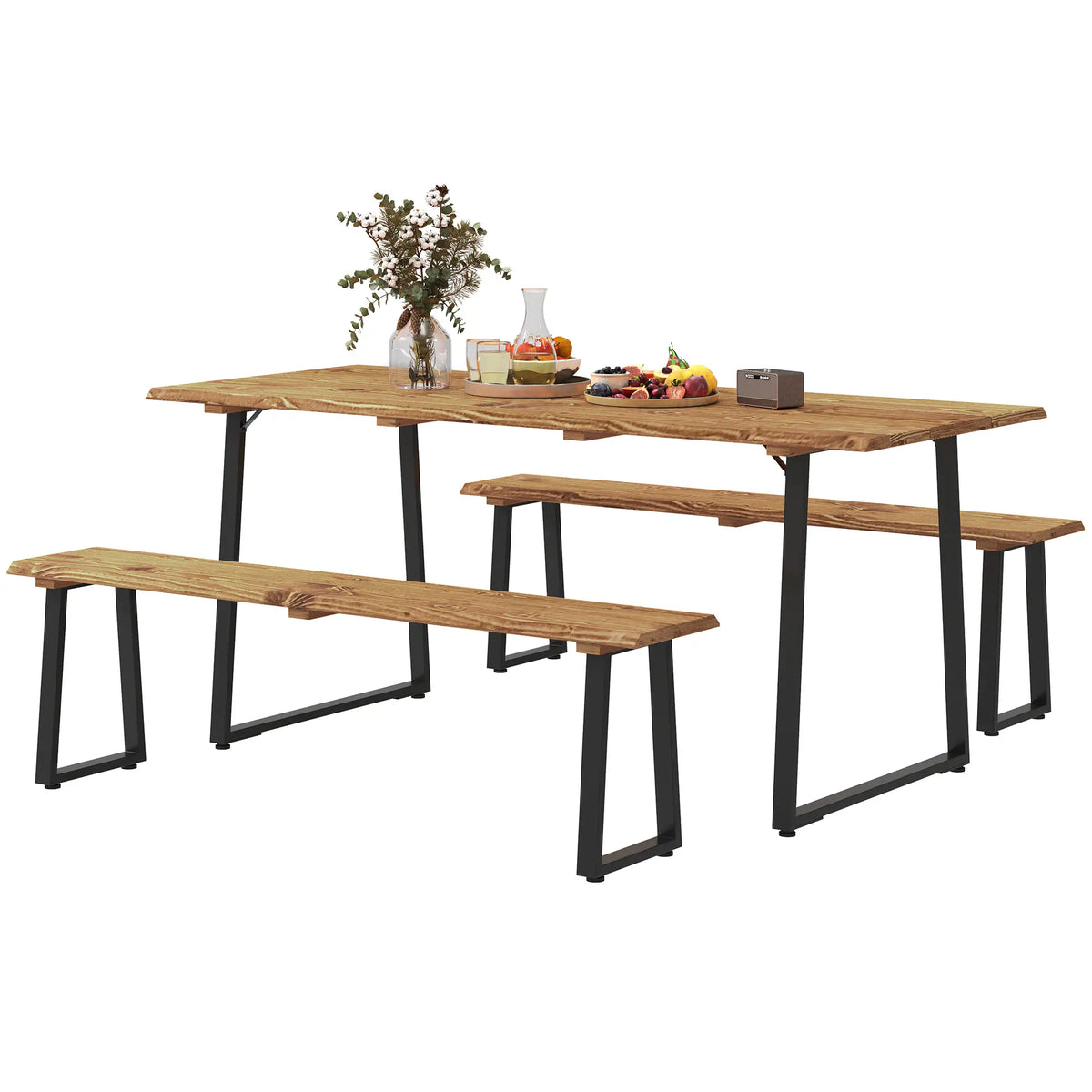 Picnic Table and Bench Set for 6, 2" Umbrella Hole, Steel Frame Outdoor Dining Sets Brown at Gallery Canada