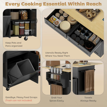 Kitchen Island Cart with Charging Station, Drop Leaf, Black Kitchen Islands & Kitchen Carts at Gallery Canada