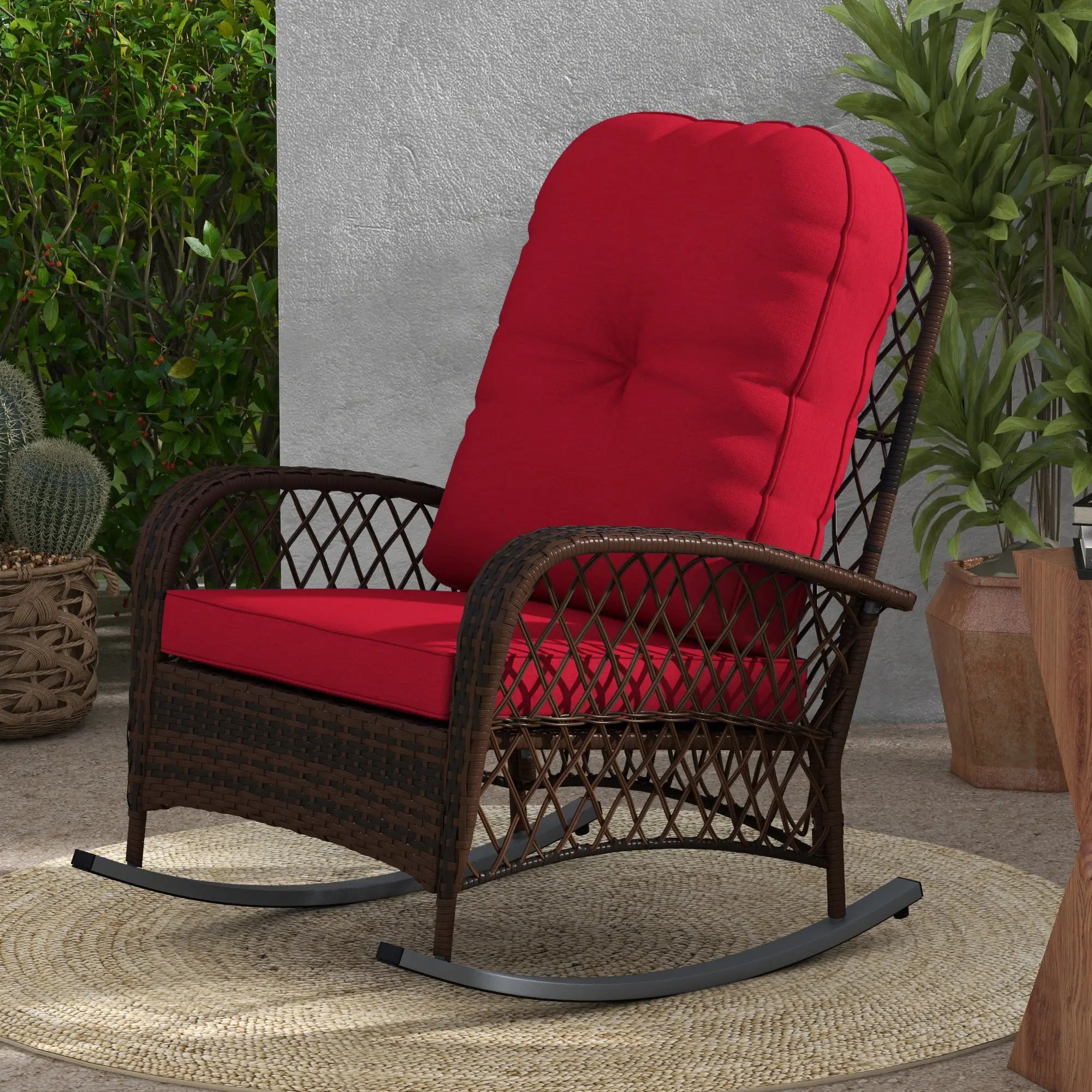 Outdoor Wicker Rattan Rocking Chair, Thick Cushions, Garden Backyard Porch, Red Outdoor Rocking Chairs at Gallery Canada